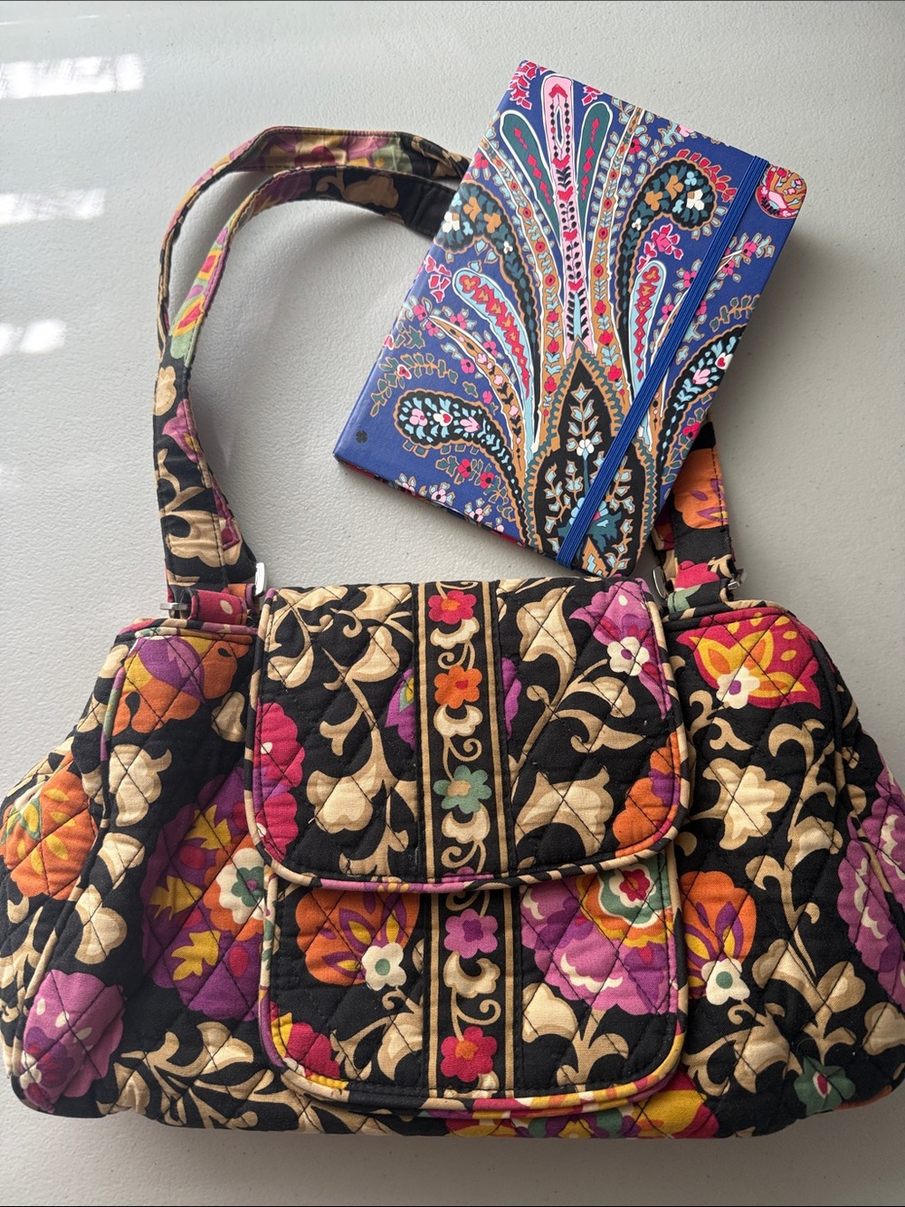 Vera Bradley Quilted Floral Shoulder Bag in Black multicolor and Blue Notebook
